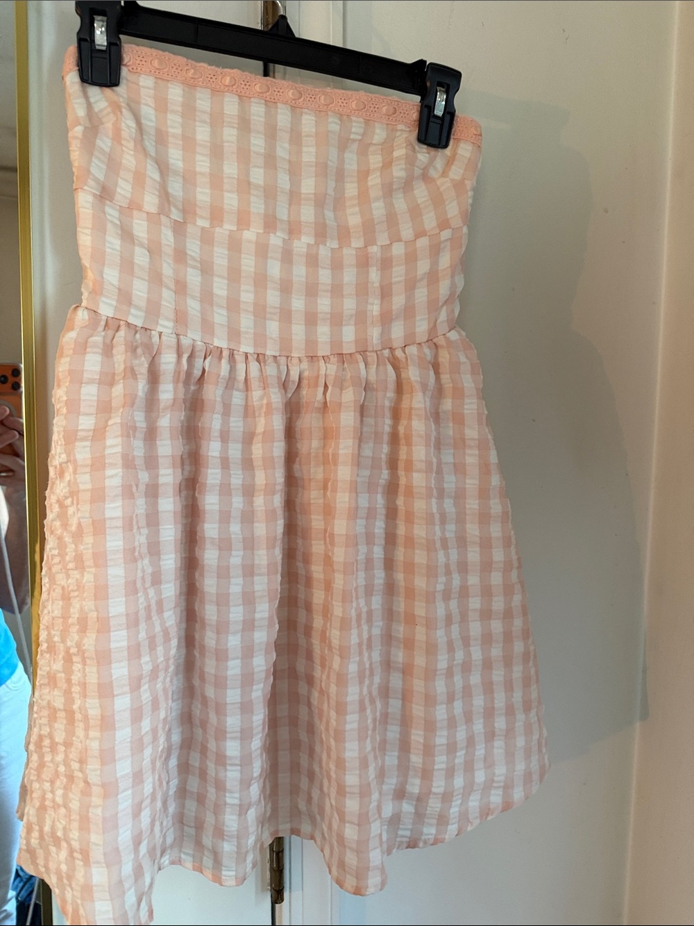 Altar'd State Peach and White Gingham Strapless Mini Dress